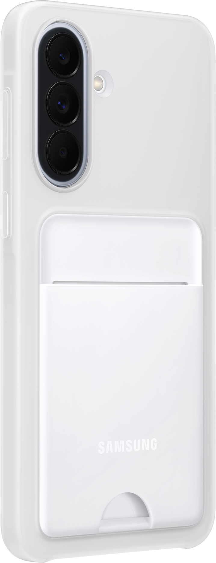 Coque blanche pour téléphone avec trois caméras et fente pour carte. Logo Samsung.