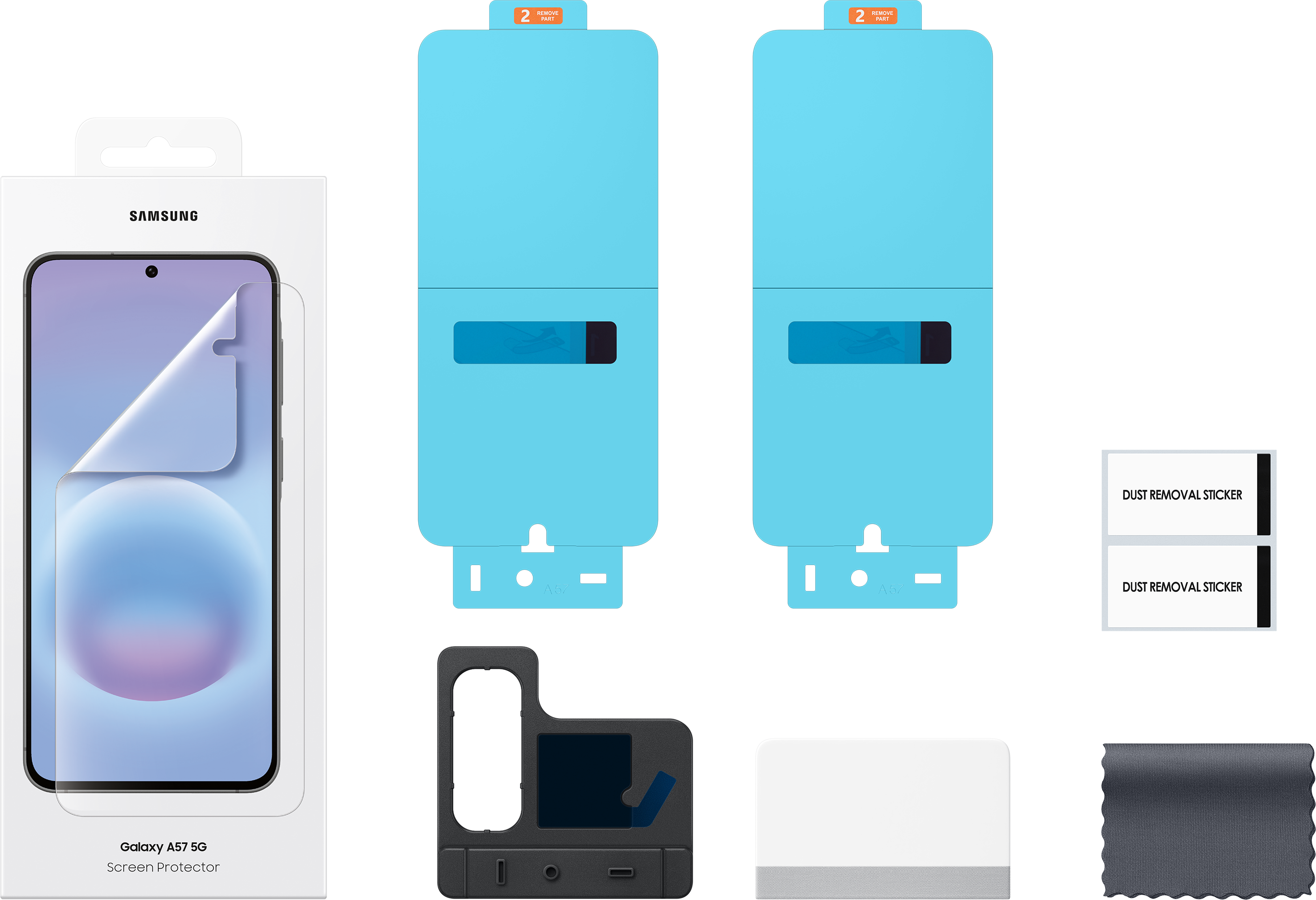 Kit protezione schermo Samsung Galaxy A57 5G con istruzioni e strumenti.