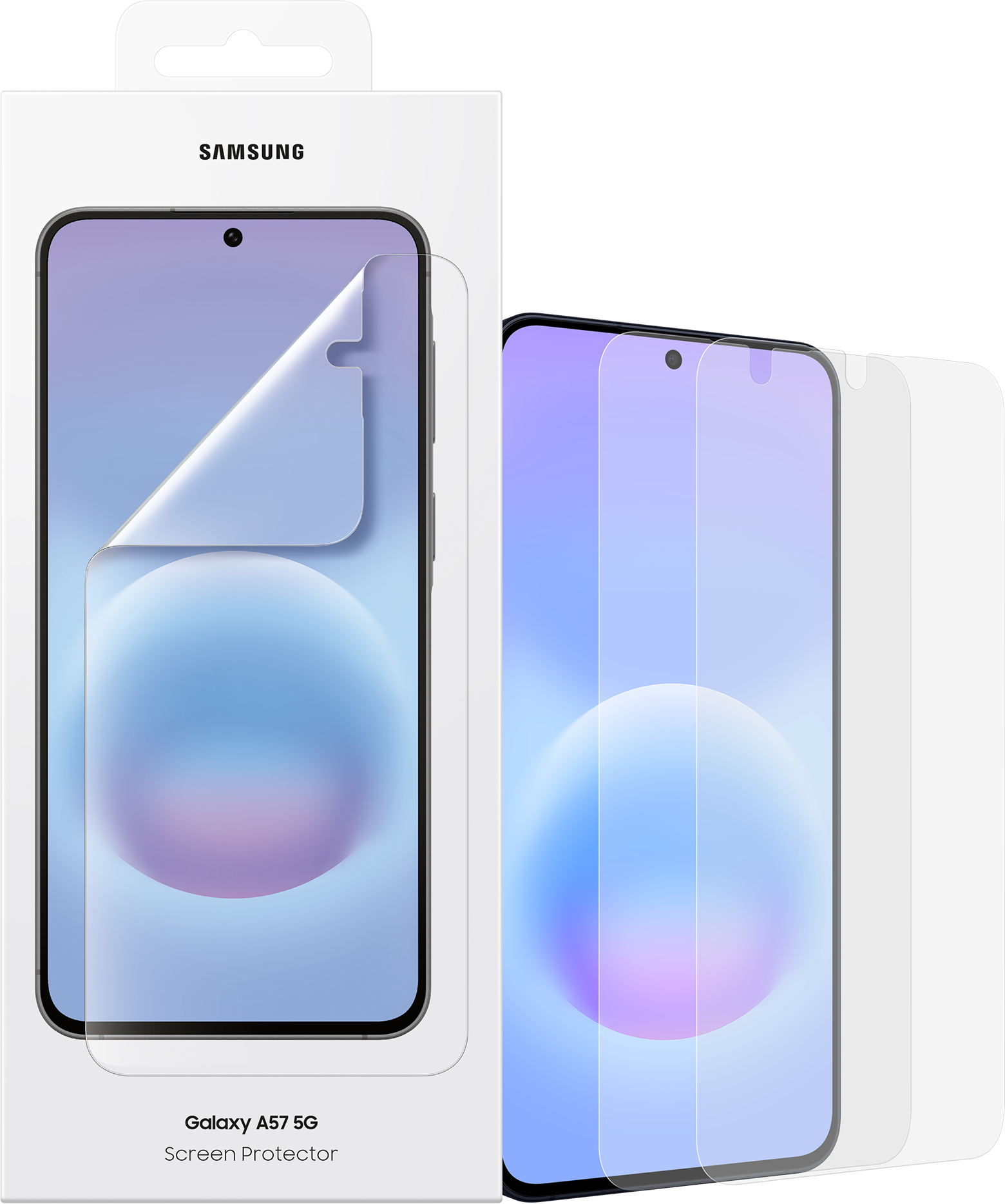 Confezione di proteggi schermo Samsung Galaxy A57 5G, uno sul telefono, due accanto.