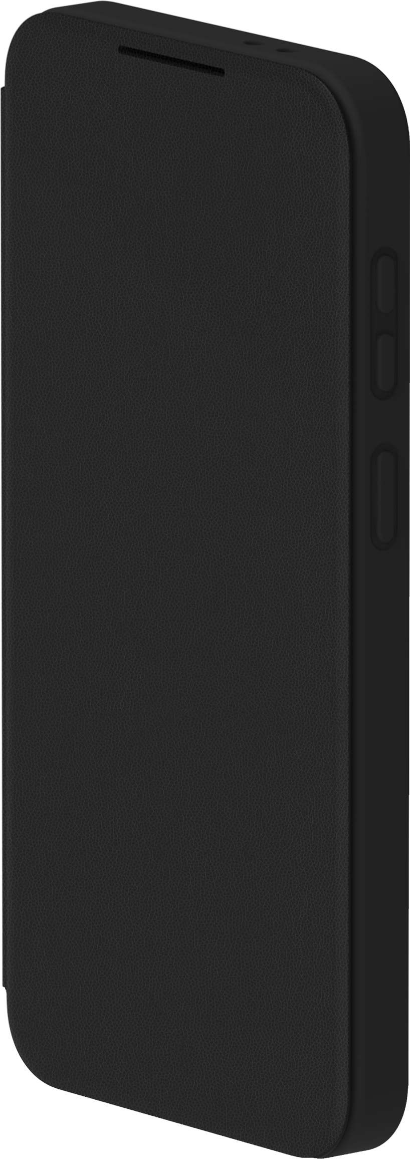 Custodia nera per telefono con texture in pelle e pulsanti laterali.