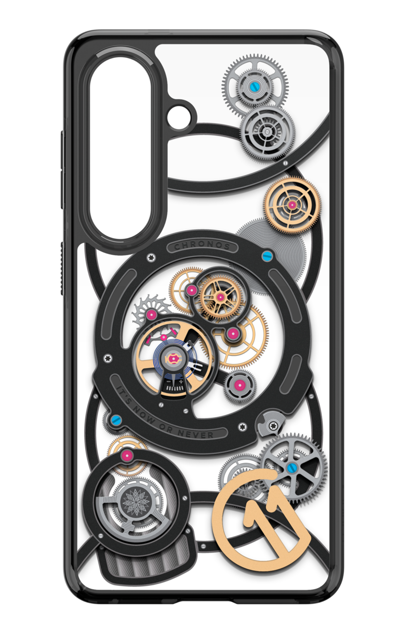 Coque de téléphone avec un design détaillé de mouvement d'horlogerie et d'engrenages.