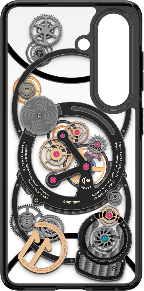 Coque de téléphone noire avec design complexe d'engrenages, inspiré des montres.