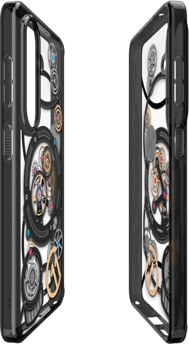 Deux coques de téléphone noires avec des engrenages complexes sur fond noir.