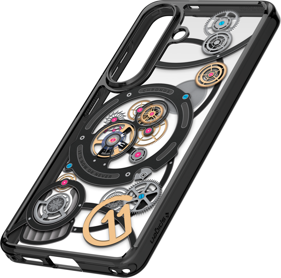 Coque de téléphone transparente avec design détaillé de mécanisme d'horlogerie, engrenages et le chiffre 11.