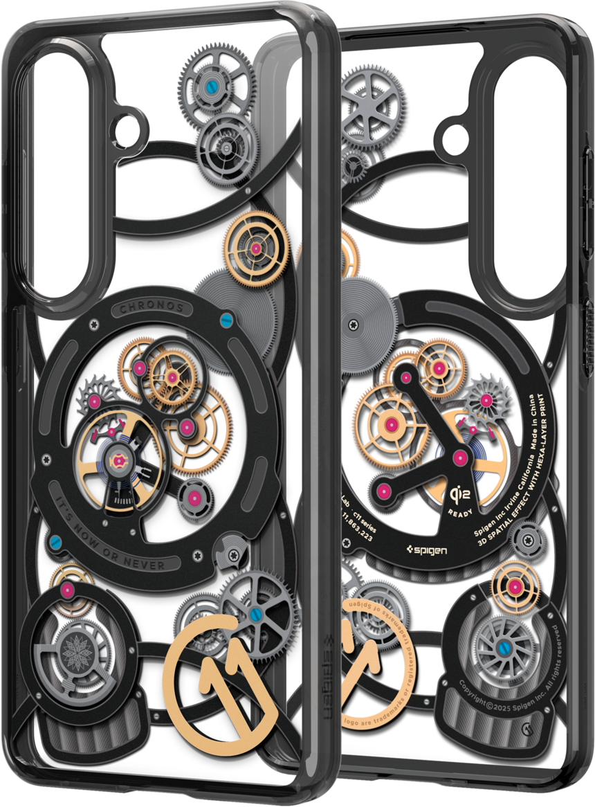Deux coques de téléphone avec des motifs d'engrenages inspirés des montres.