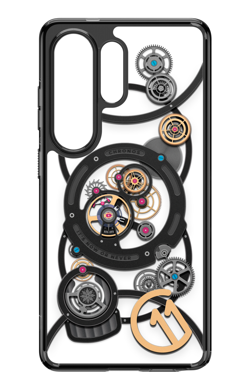 Coque de téléphone noire avec design complexe de mécanisme d'horlogerie et logo doré.