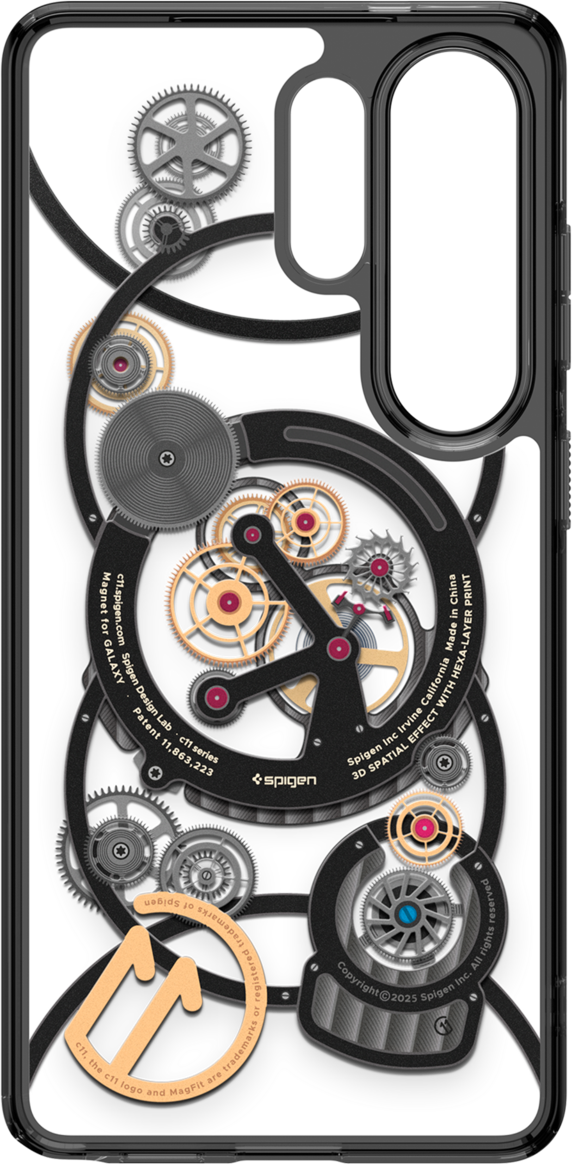 Coque de téléphone avec engrenages complexes d'horlogerie, tons noir et or.