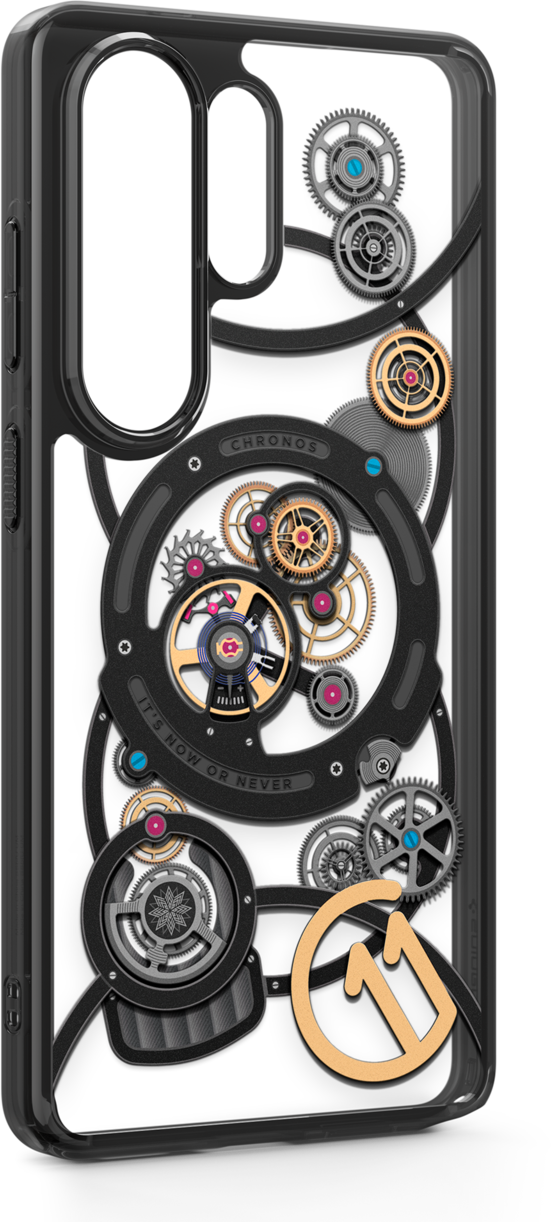Coque de téléphone au design complexe d'engrenages, inspirée des mécanismes d'horlogerie.