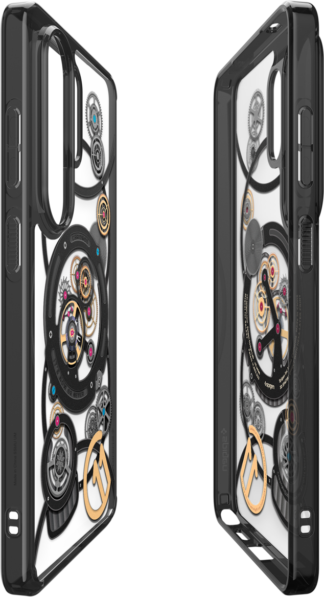 Deux coques de téléphone transparentes avec motifs d'engrenages sur fond noir.