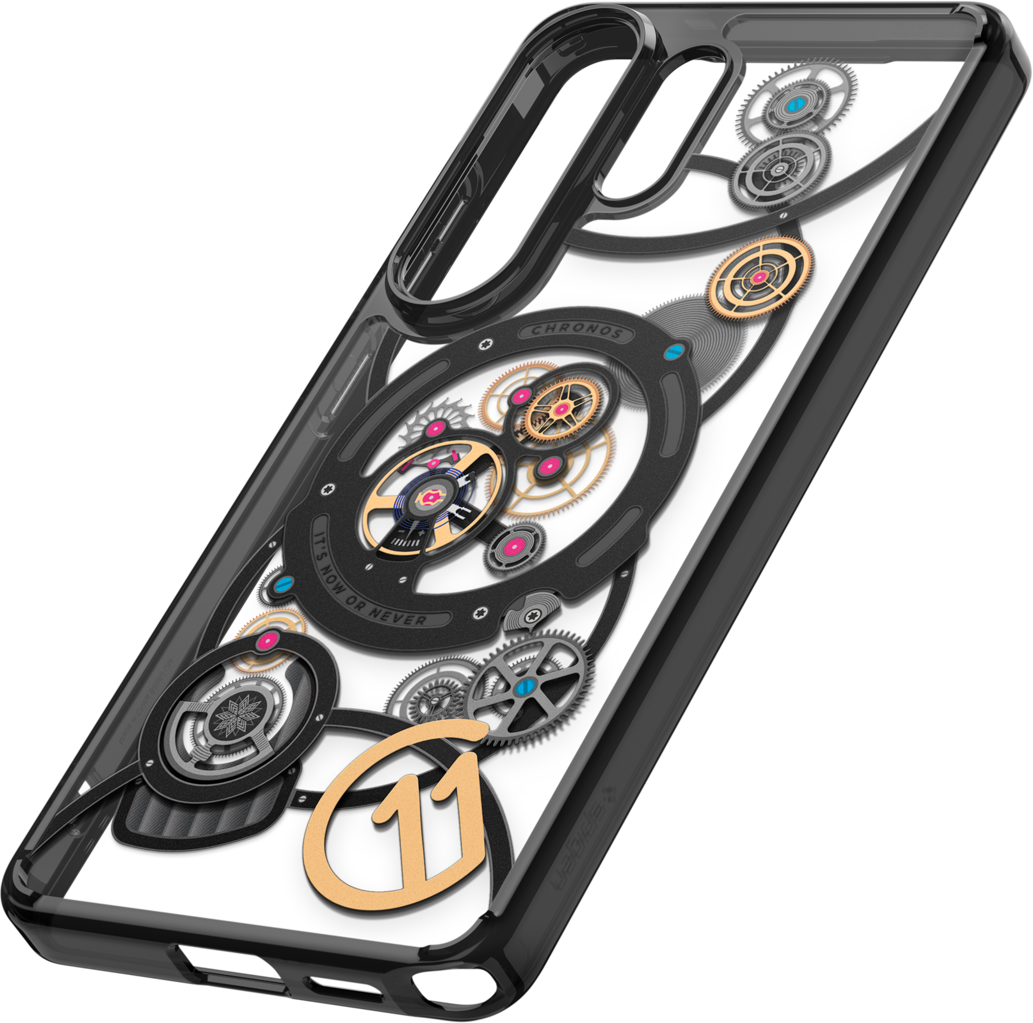 Coque de téléphone noire avec design détaillé de mécanisme d'horlogerie, engrenages et "11" doré.