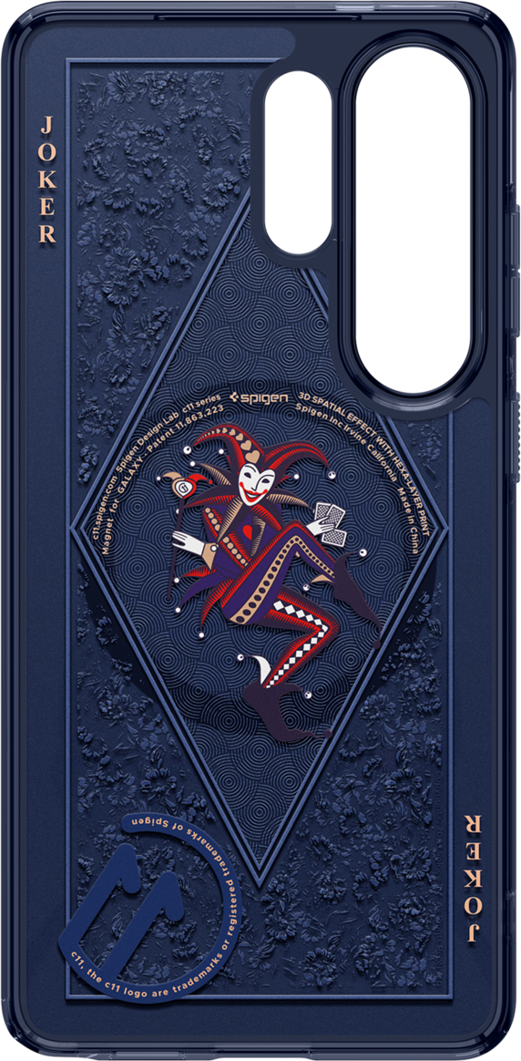 Coque de téléphone bleu foncé avec design Joker et gaufrage floral.