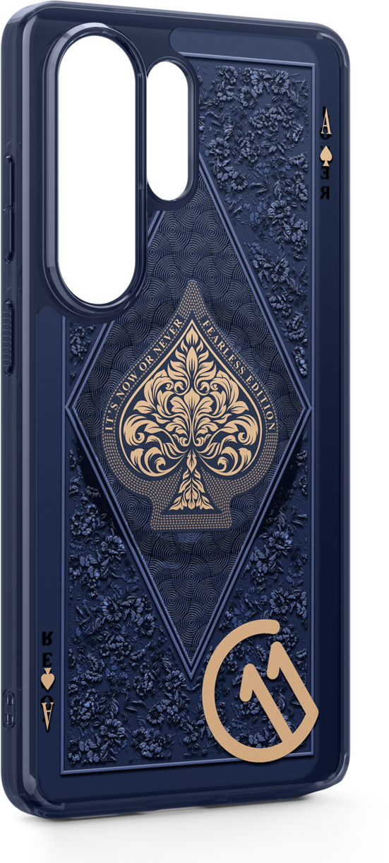 Coque de téléphone bleu foncé avec motif floral, as de pique et texte.