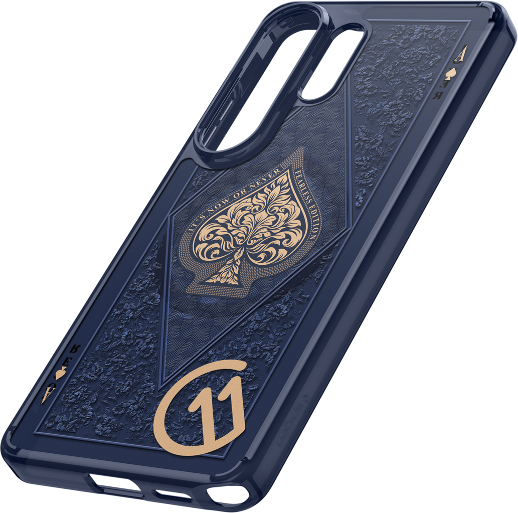 Coque de téléphone bleu foncé avec motif de pique doré et emblème "11".