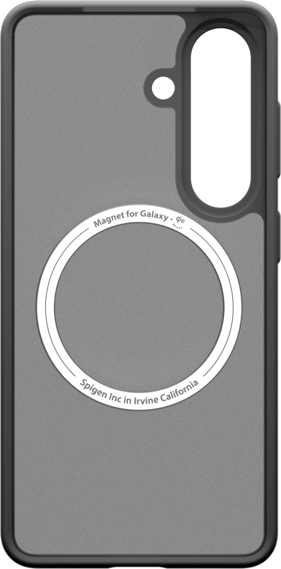 Coque de téléphone grise avec cercle magnétique et texte.