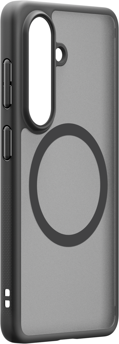 Coque de téléphone grise avec découpe circulaire pour appareil photo et anneau magnétique.