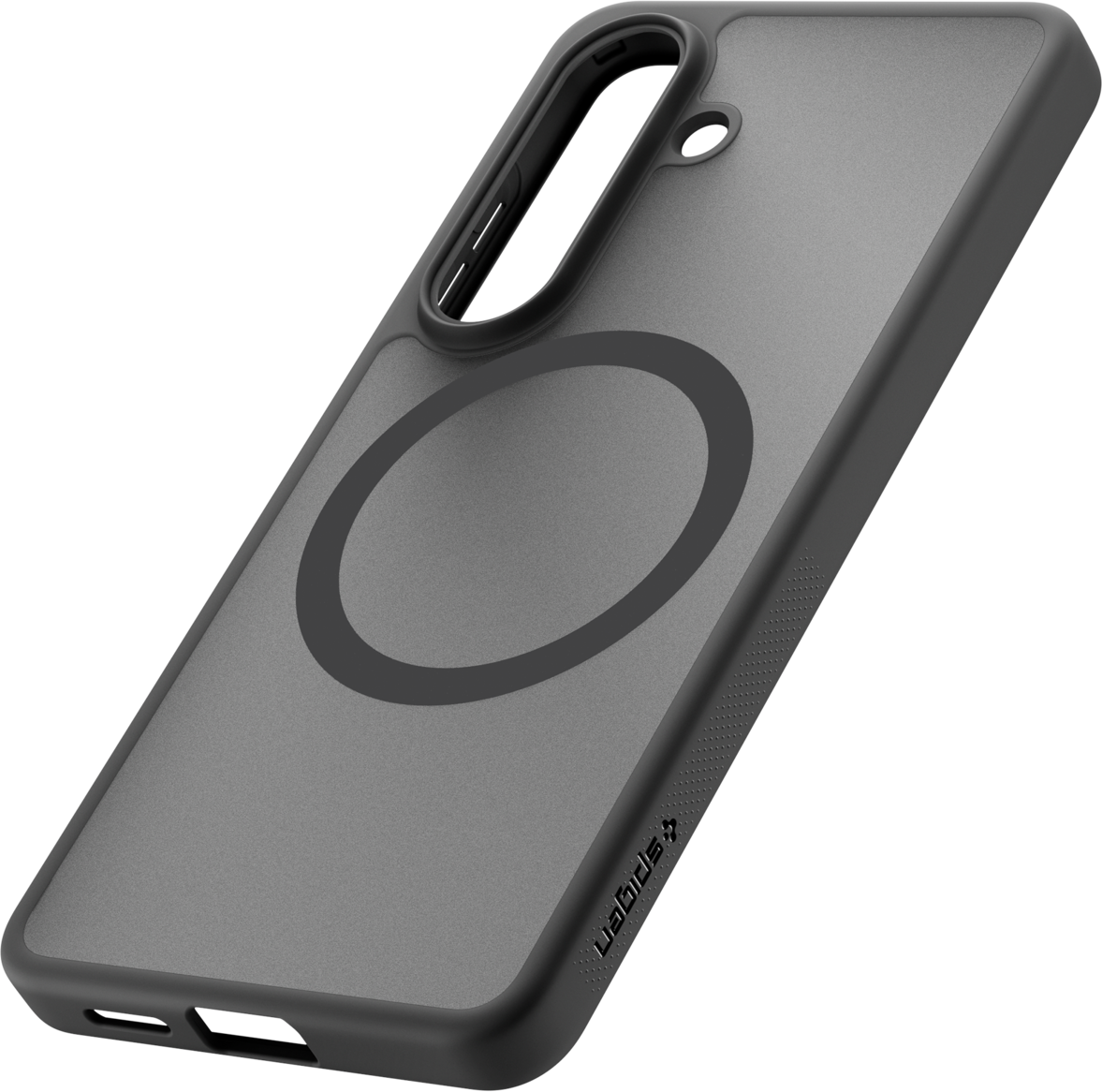 Coque de téléphone grise avec anneau magnétique, sur fond noir.