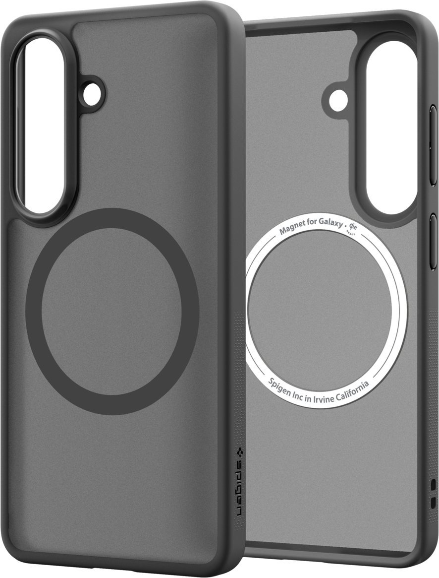 Deux coques de téléphone sombres avec anneaux magnétiques. Une coque montre un cercle.