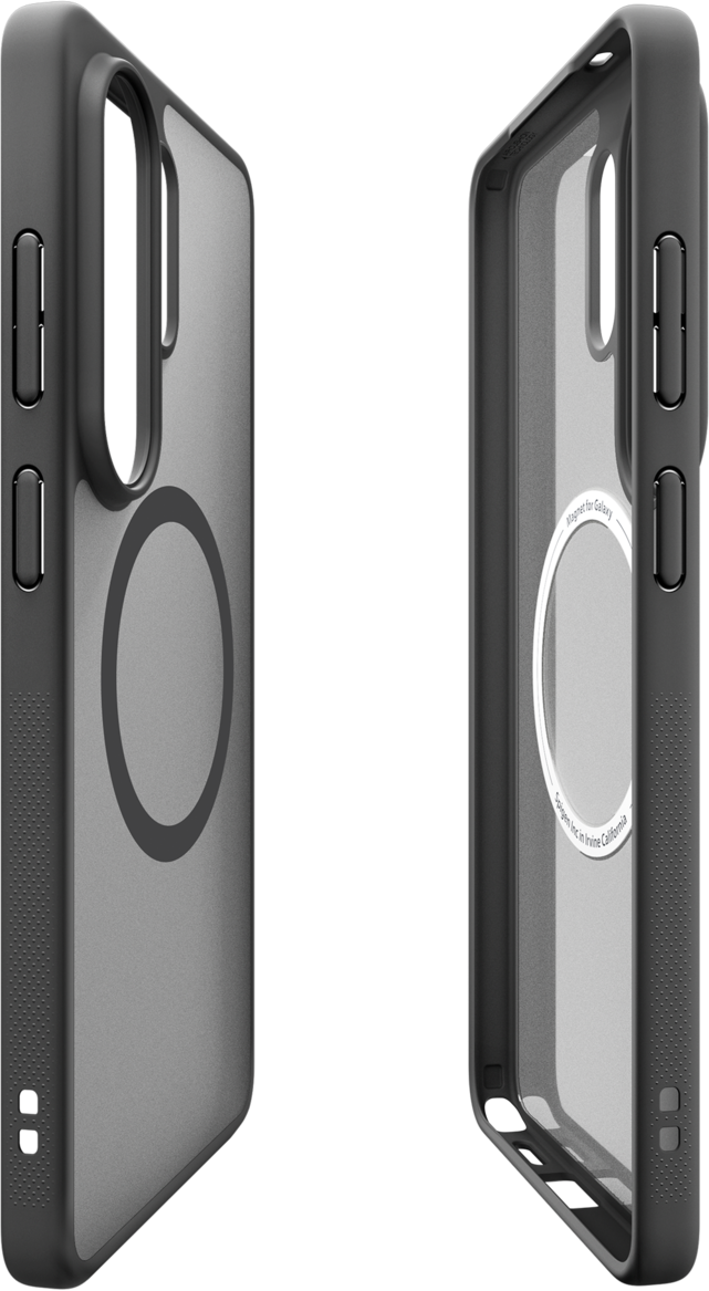 Due custodie per telefono nere con anello magnetico su sfondo nero.