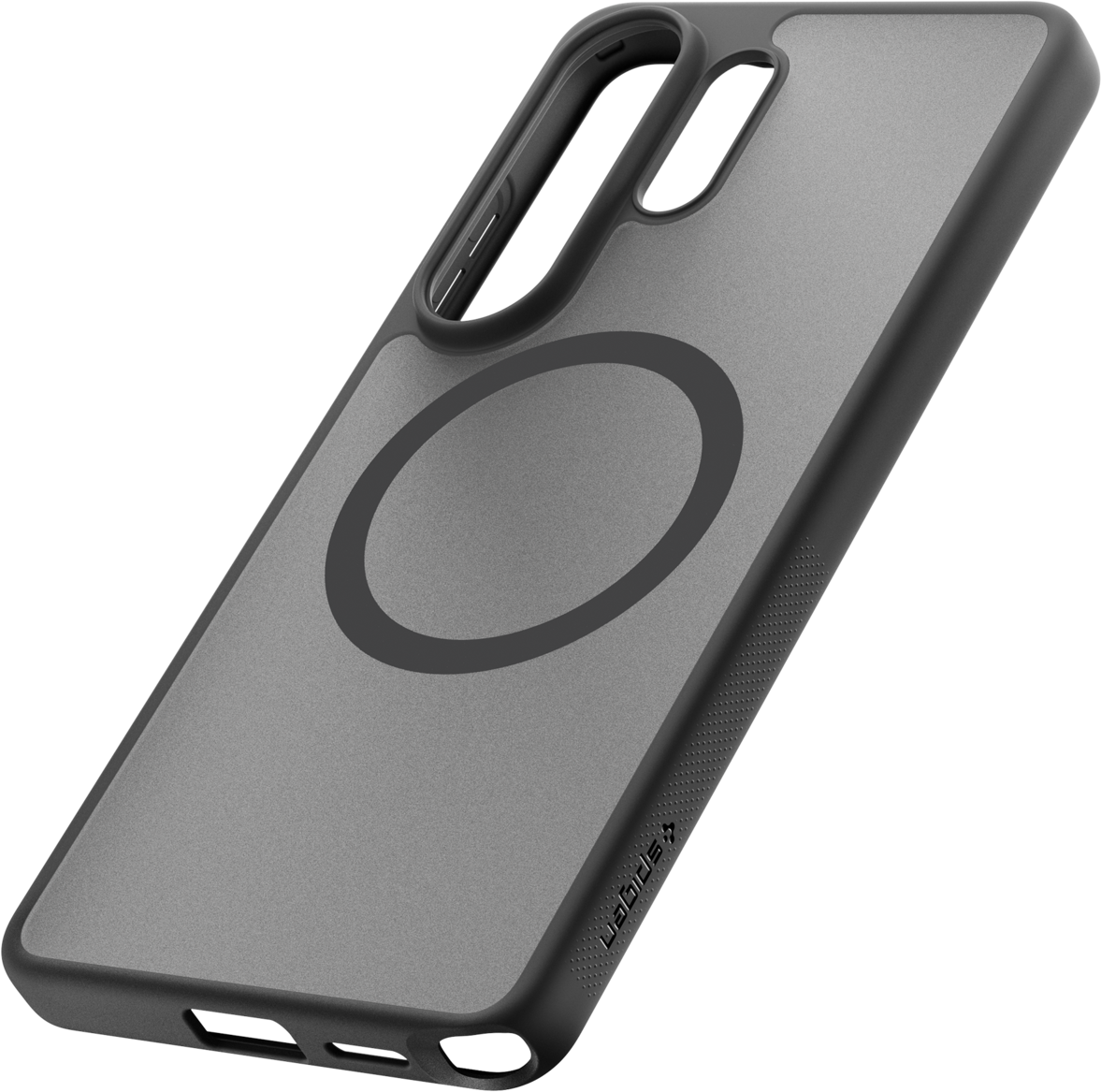 Custodia grigia per telefono con anello magnetico, bordo nero.