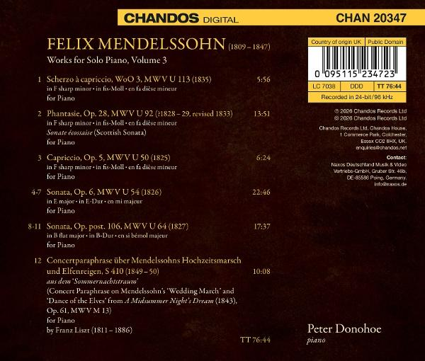 CD-Cover: Felix Mendelssohn, Werke für Solo-Klavier, Vol. 3. Mit Titelliste.