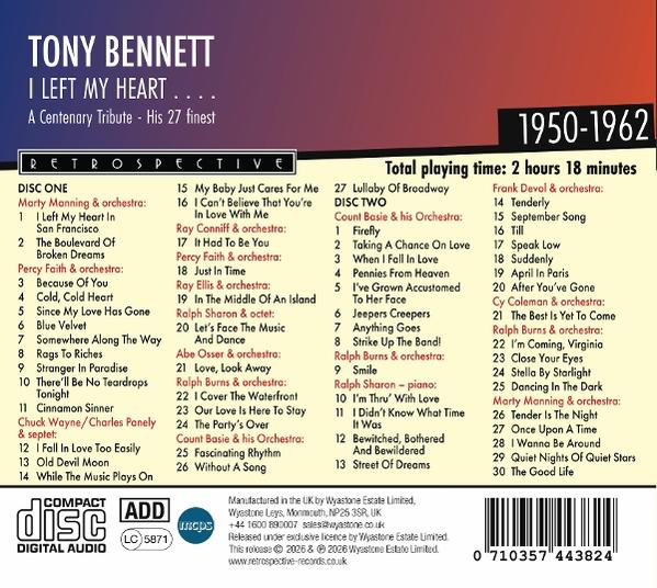 Tony Bennett CD-Cover mit Titellisten von Disc One und Disc Two, 1950-1962.