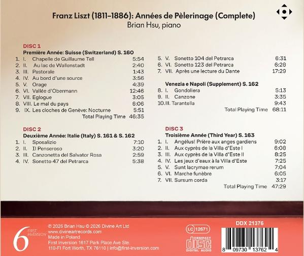 CD-Rückseite mit Titelliste für Franz Liszts Klavierwerk von Brian Hsu.