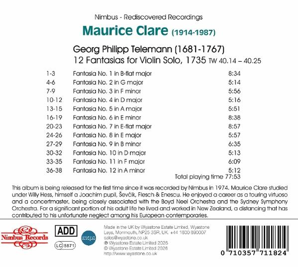 Album-Cover: Maurice Clare spielt Telemanns 12 Fantasien für Violine Solo.