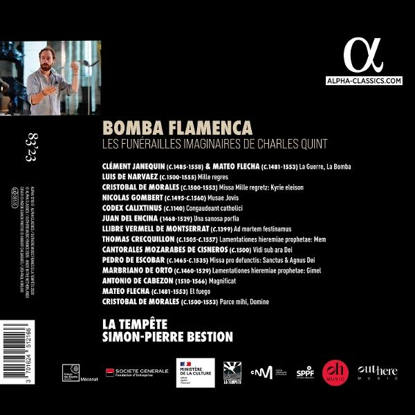 Ein Mann gestikuliert vor einem schwarzen Hintergrund mit dem Titel 'Bomba Flamenca'.