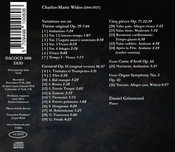 CD-Rückseite: Trackliste für Charles-Marie Widor, Piano von Daniel Grimwood.