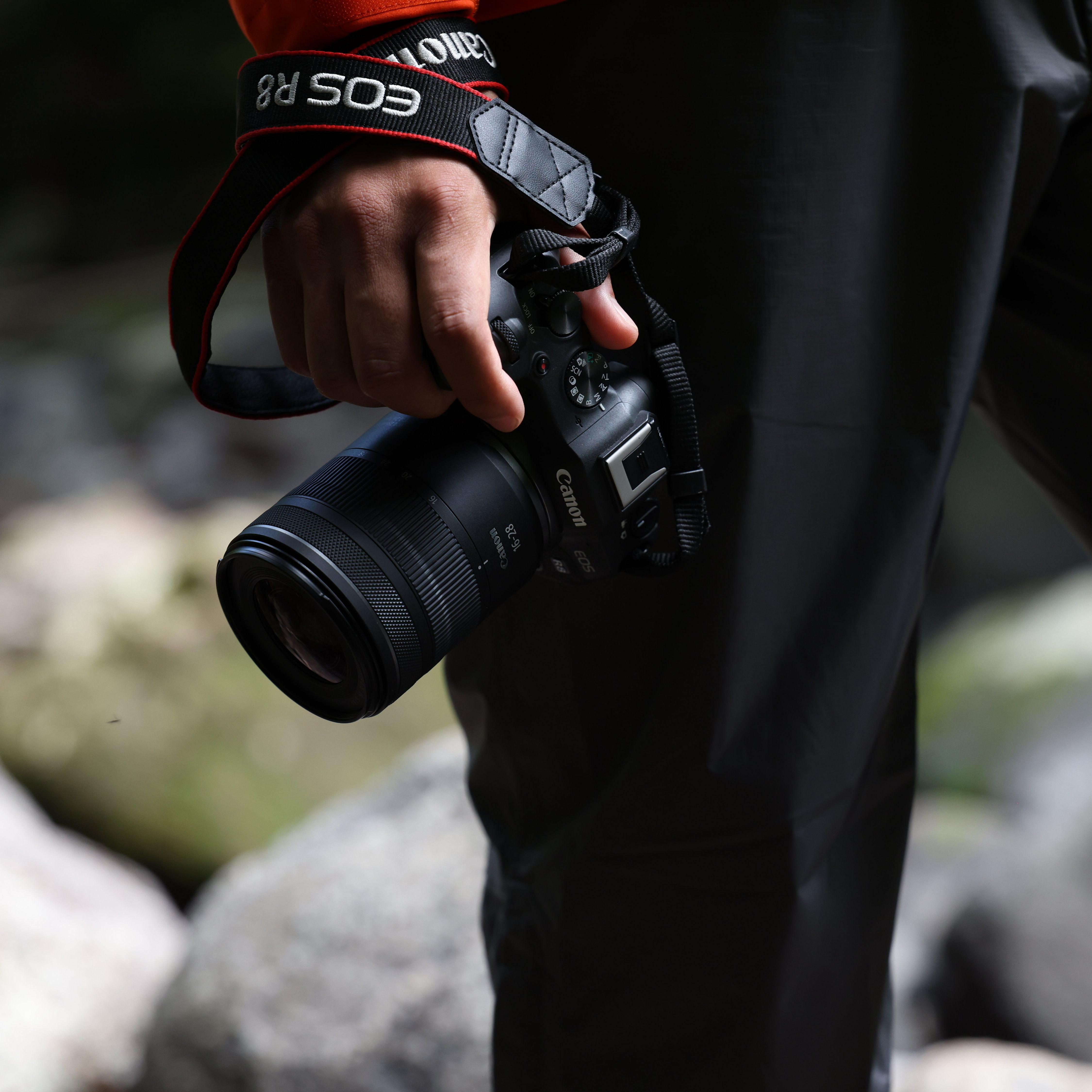 Une main tient un appareil photo Canon EOS R8 noir avec objectif et sangle.