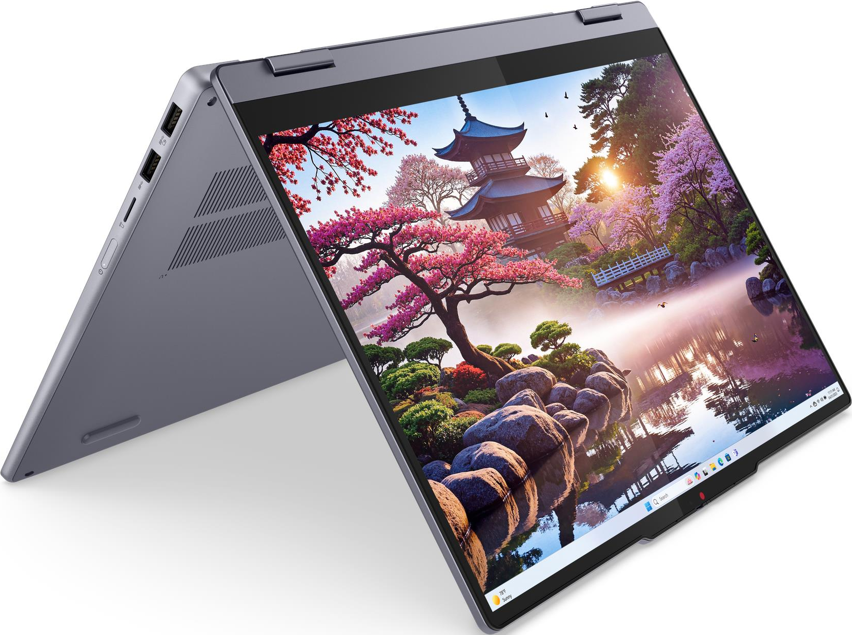 Ein Laptop zeigt einen ruhigen japanischen Garten mit Pagode, Kirschblüten und einem Teich.