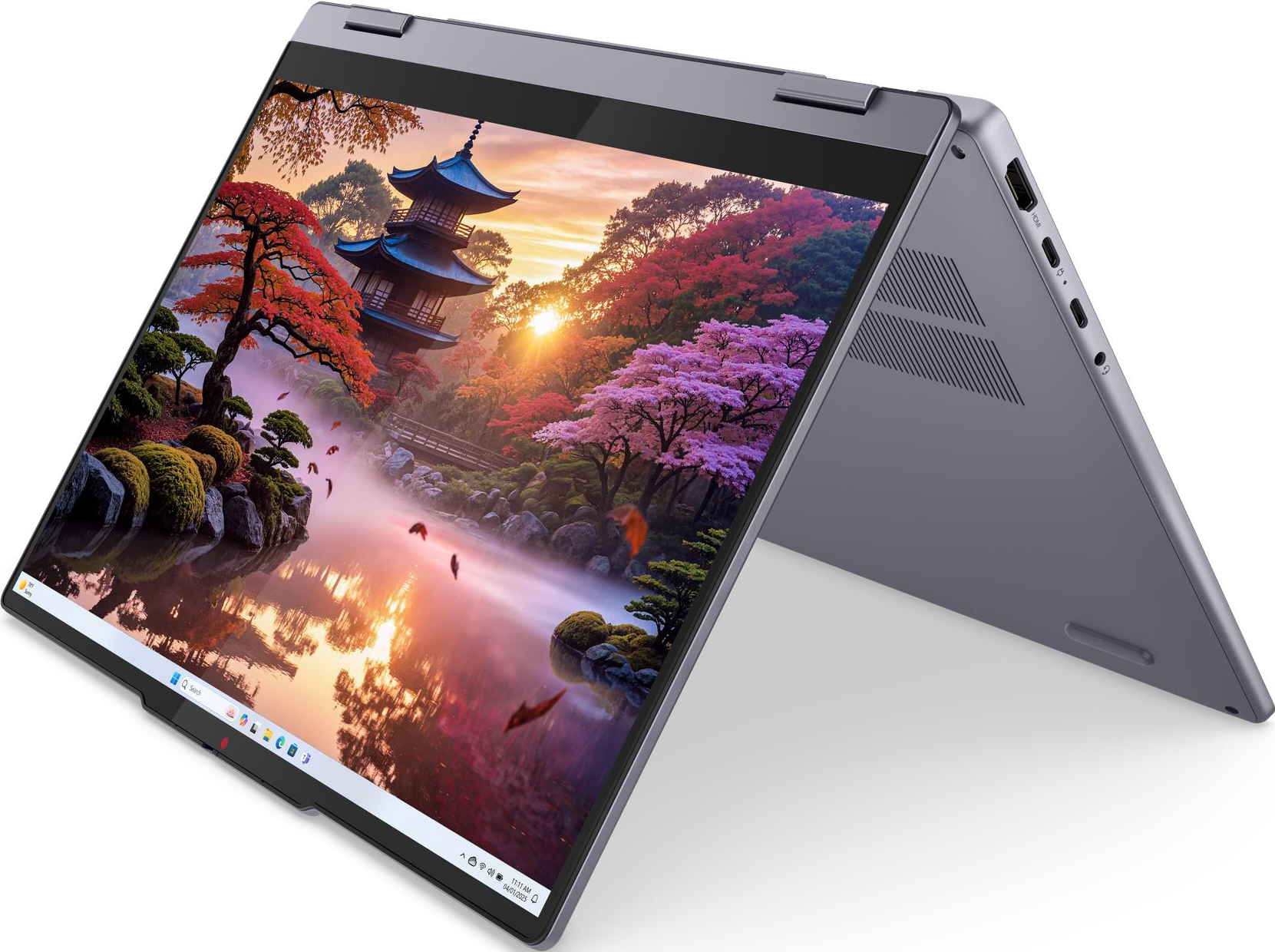 Grauer Laptop zeigt japanischen Garten mit Pagode, roten und lila Bäumen.