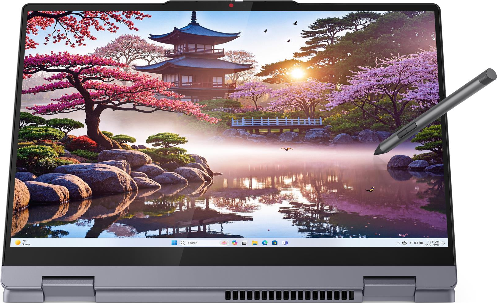 Ein Laptop zeigt ein Bild eines japanischen Gartens mit einem Pagodenturm und Kirschblüten.