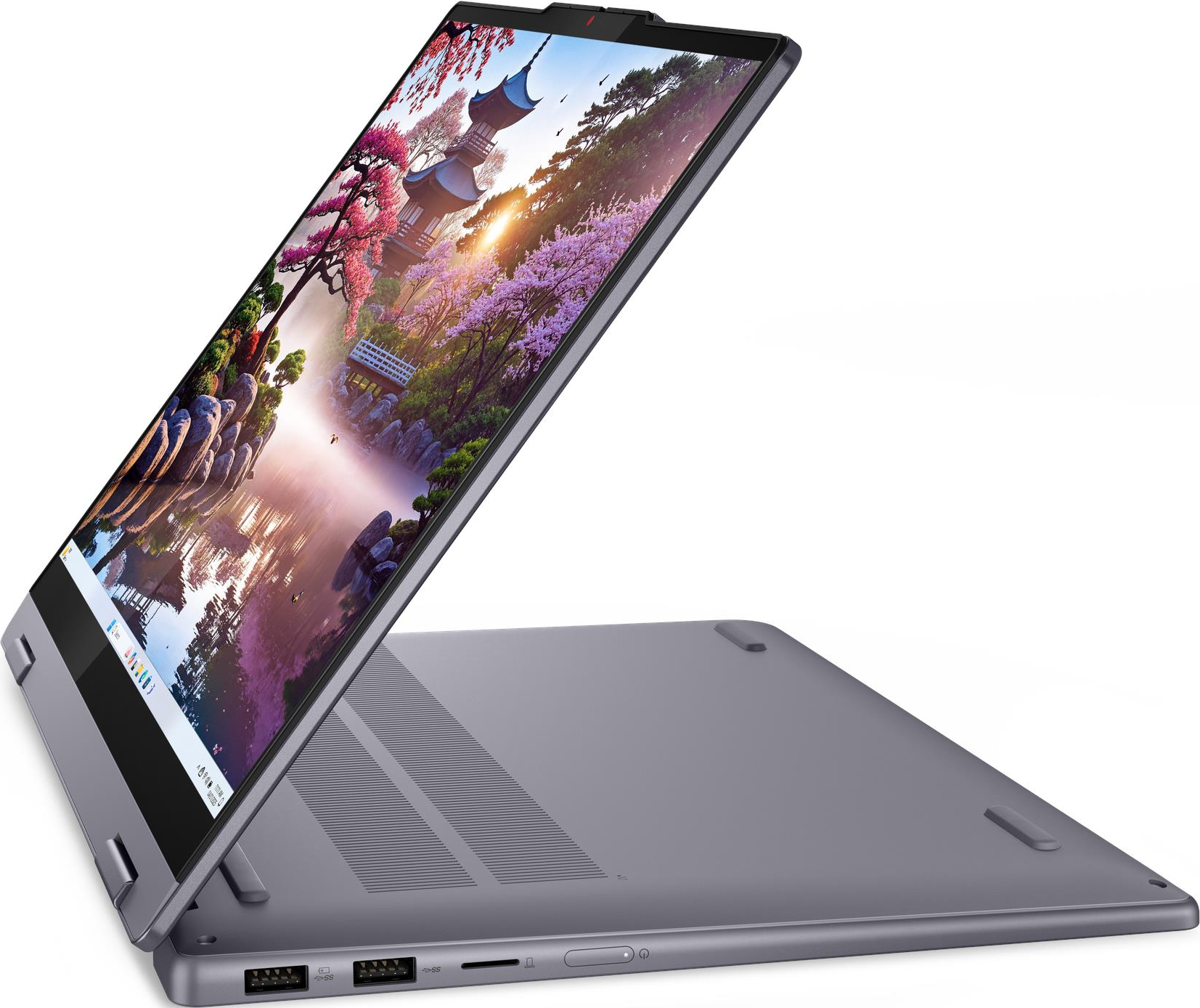 Ein graues Laptop mit einem japanischen Garten auf dem Bildschirm.
