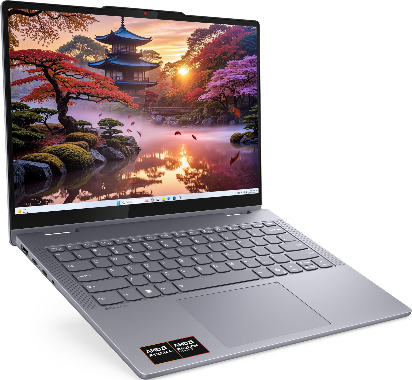 Ein graues Laptop mit einem Desktop-Hintergrund eines japanischen Gartens im Herbst.