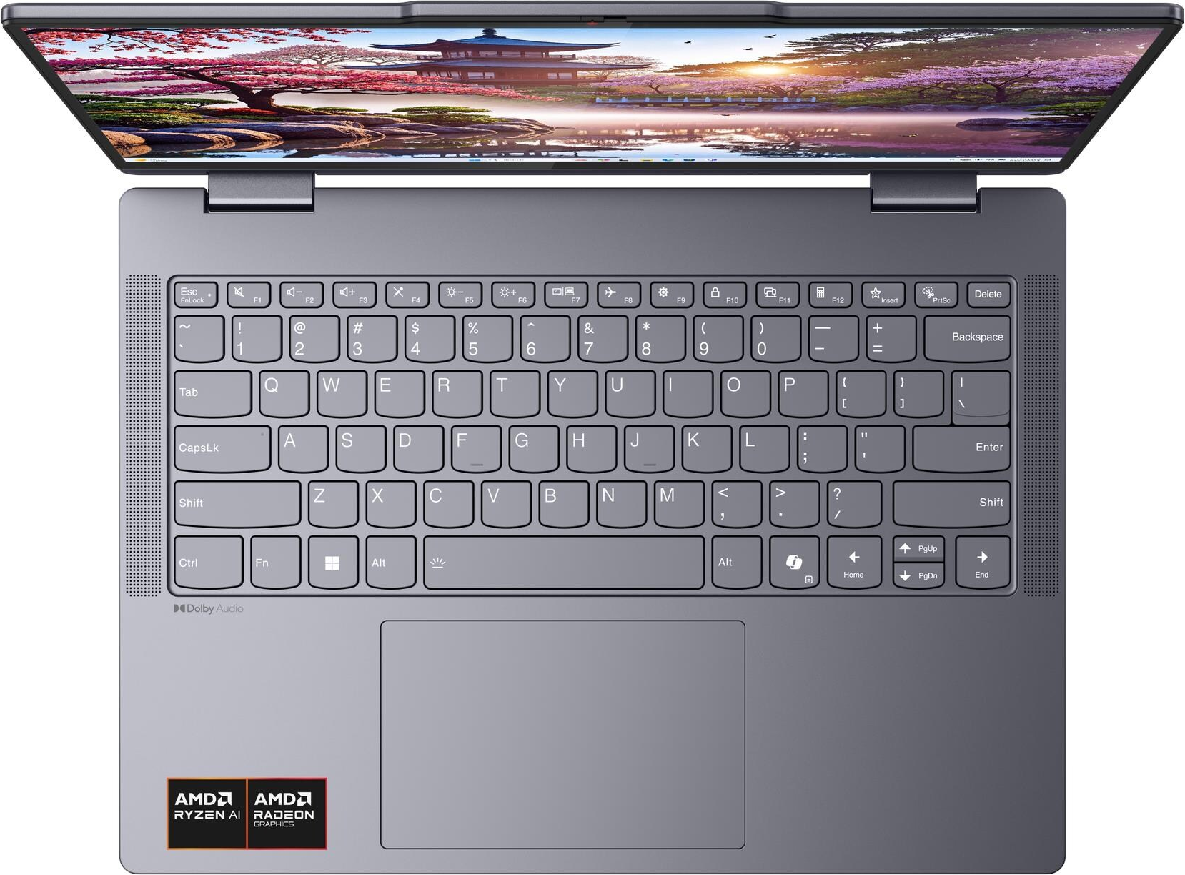 Ein offener Laptop mit einem japanischen Landschaftsbild auf dem Bildschirm.