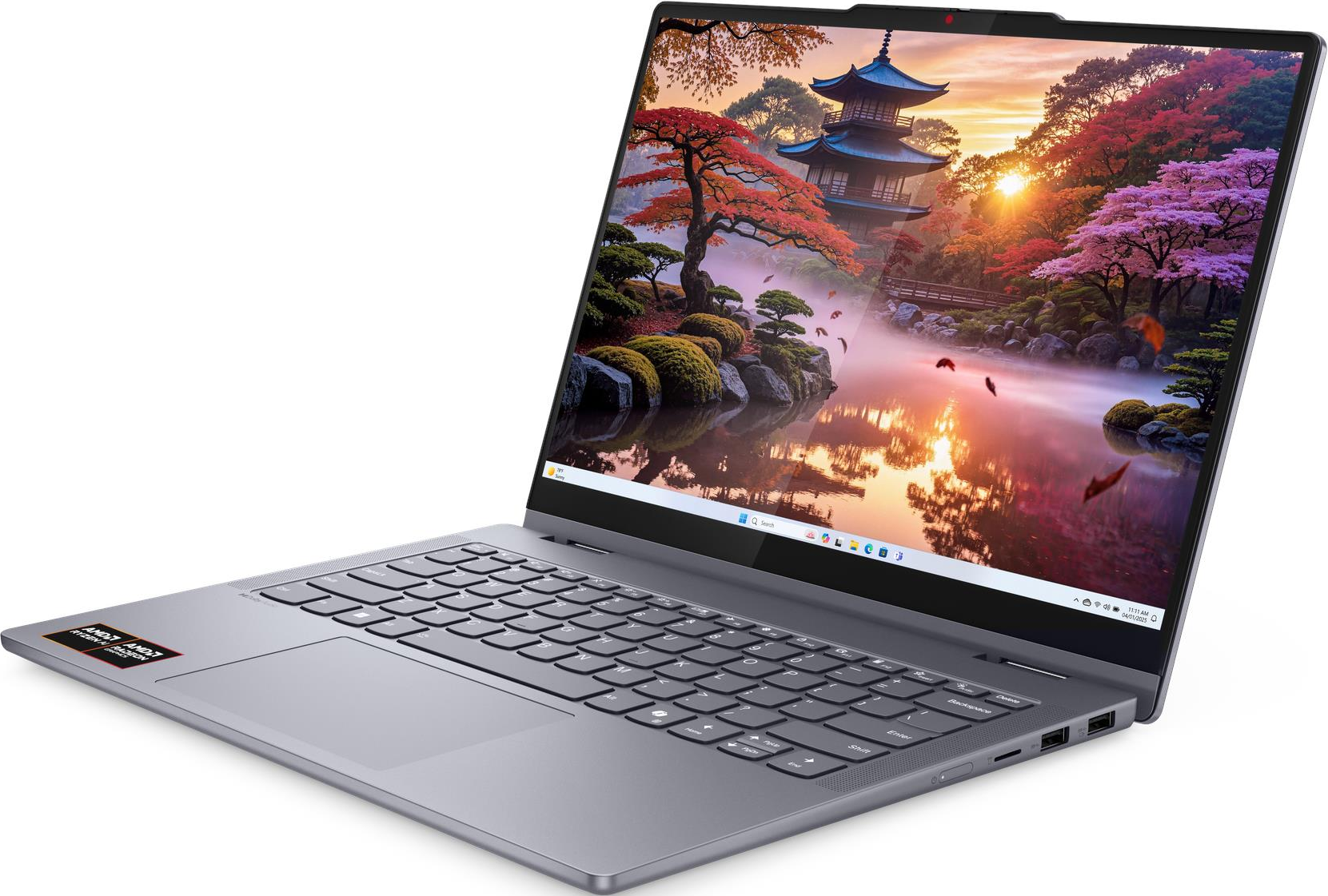 Grauer Laptop mit japanischem Garten auf dem Bildschirm.