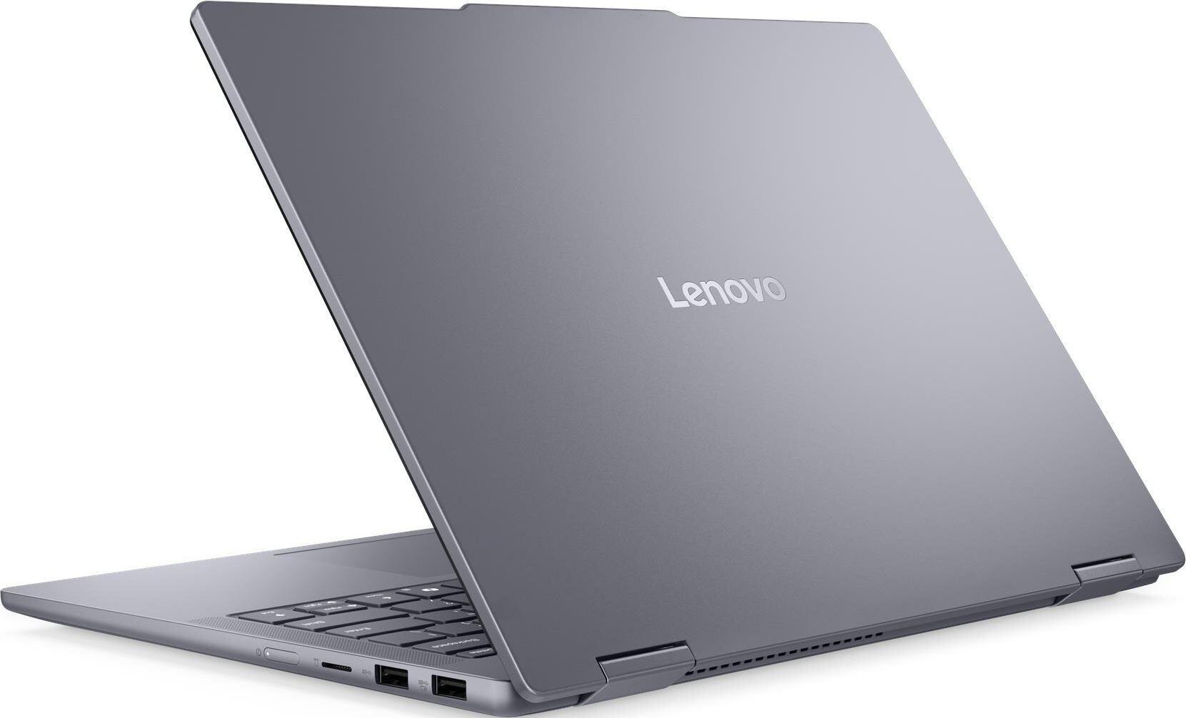 Grauer Lenovo Laptop, teilweise geöffnet, mit Tastatur und Anschlüssen.