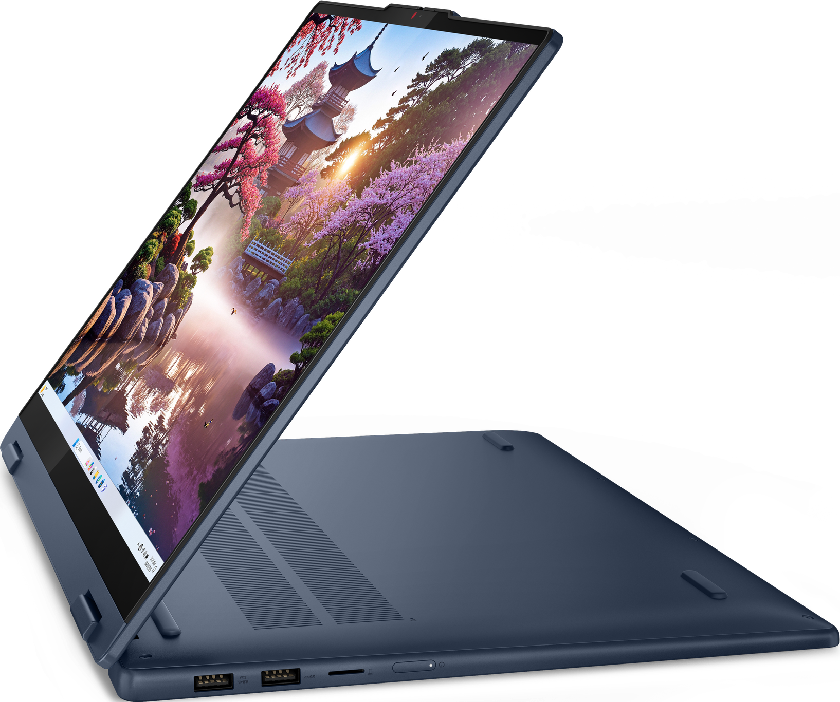 Blauer Laptop mit japanischem Garten-Hintergrundbild. Links unten sind Anschlüsse.