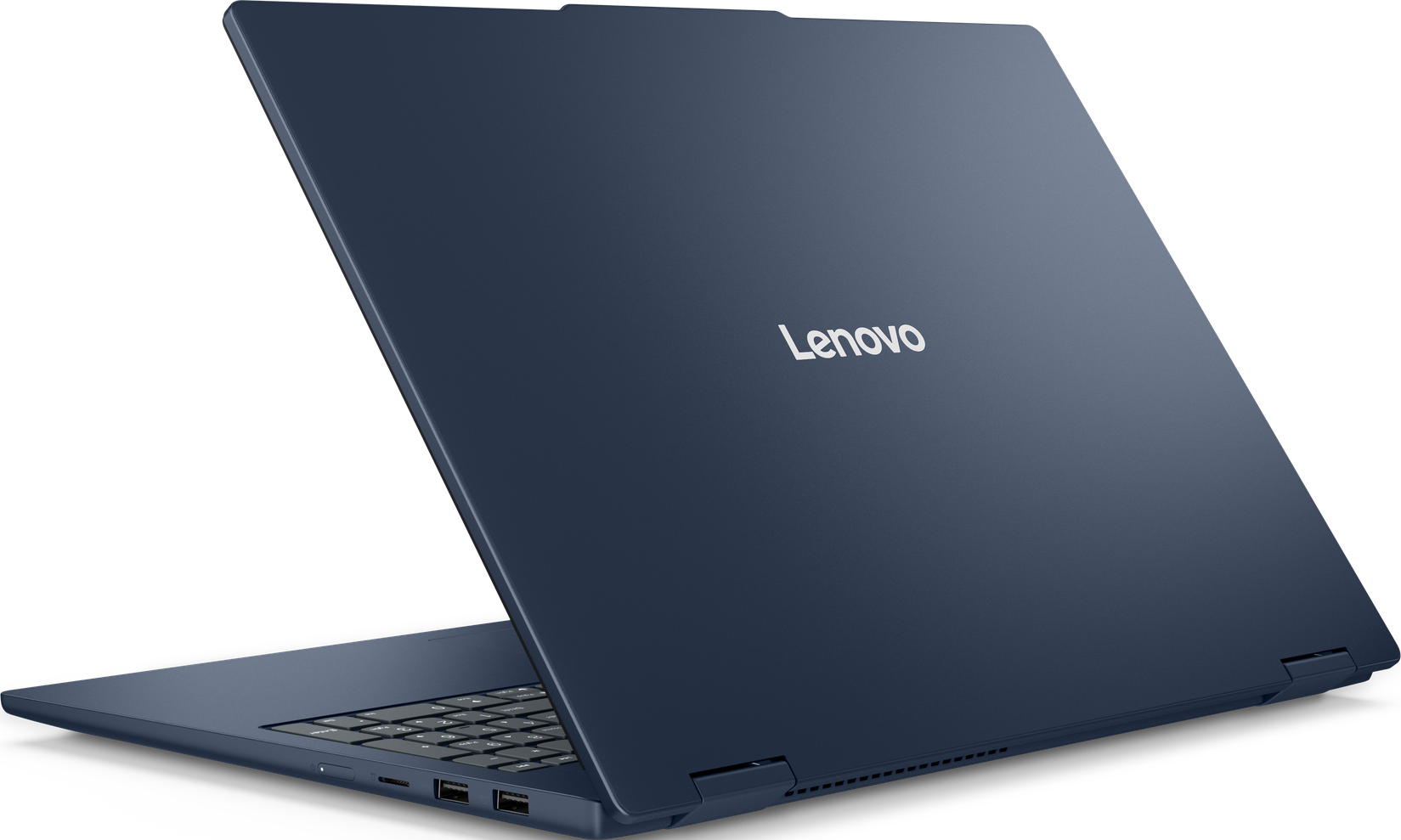 Ein dunkelblauer Lenovo Laptop mit aufgeklapptem Bildschirm, Ansicht von hinten.
