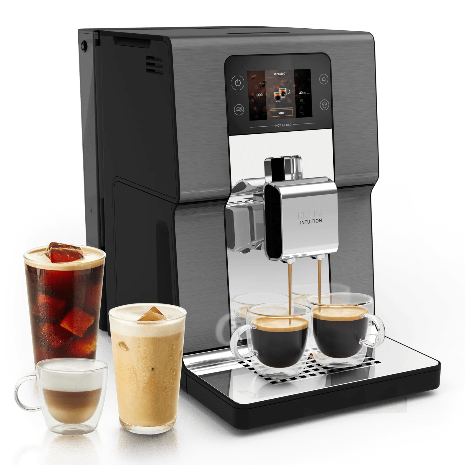 Eine Kaffeemaschine brüht Espresso in zwei Gläser. Daneben stehen zwei Eiskaffees.