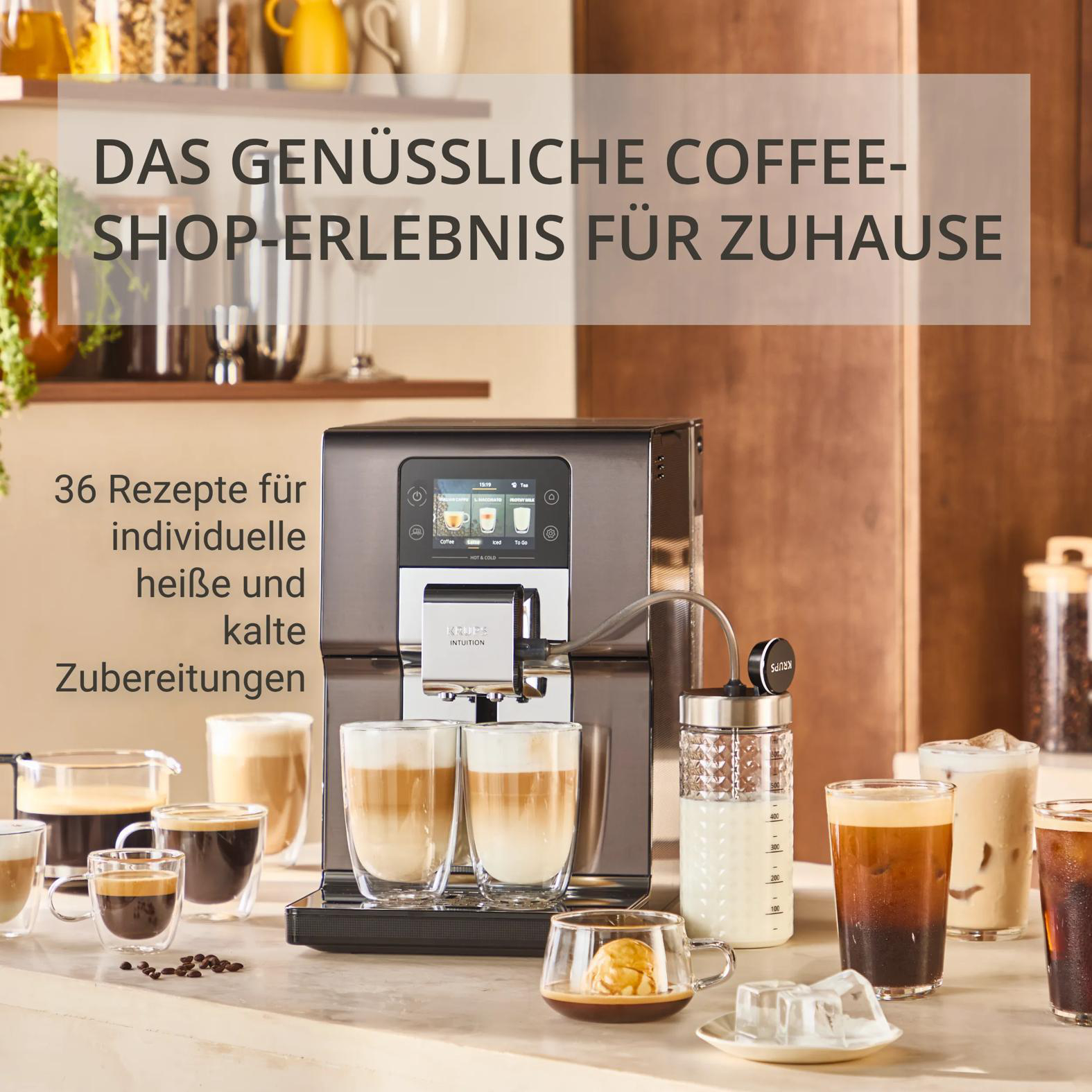 Kaffeevollautomat mit diversen Kaffeespezialitäten und Text.