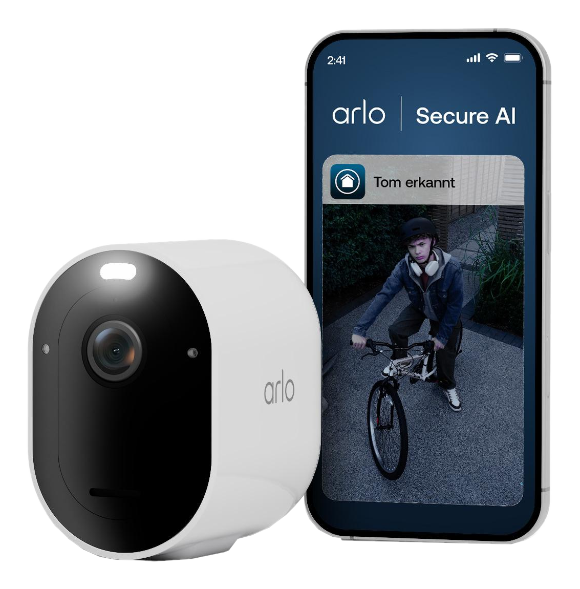 Arlo Kamera neben einem Smartphone, das einen Jungen auf einem Fahrrad zeigt.