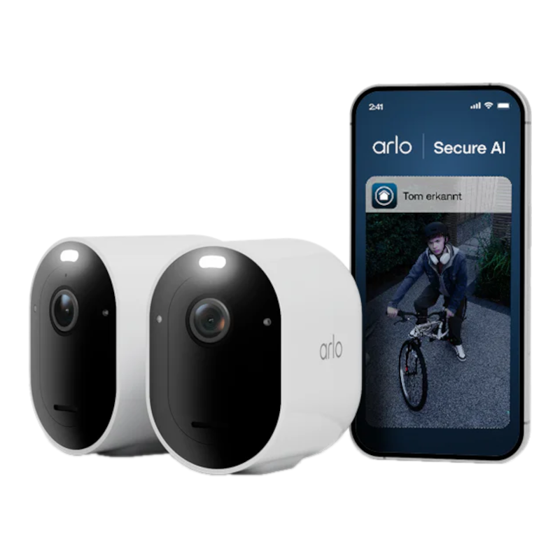 Zwei weiße Arlo-Kameras neben einem Smartphone, das einen Jungen auf einem Fahrrad zeigt.