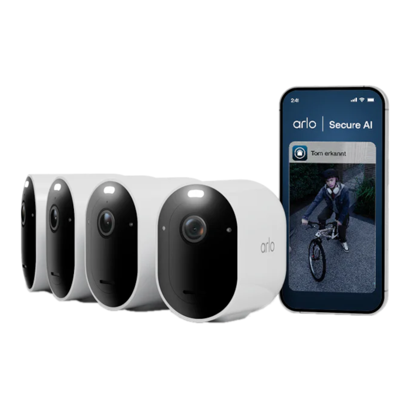 Weiße Arlo-Kameras und ein Smartphone, das eine Person auf einem Fahrrad zeigt.