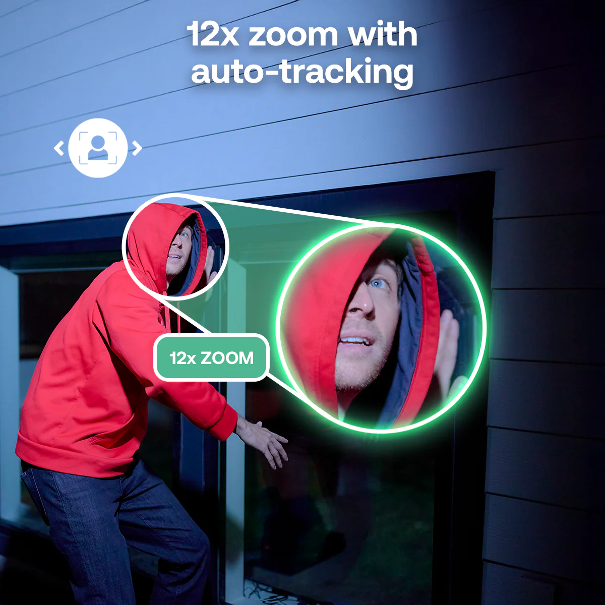 Mann mit Kapuze und 12-fachem Zoom-Tracking im Kreis.