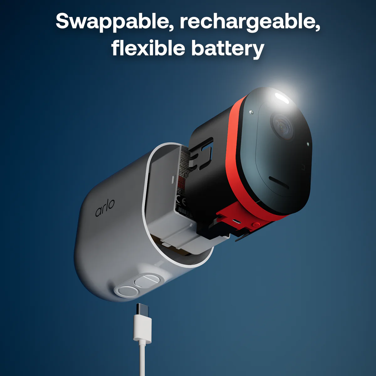 Arlo Kamera mit entnehmbarer Batterie und USB-C-Ladekabel auf blauem Hintergrund.