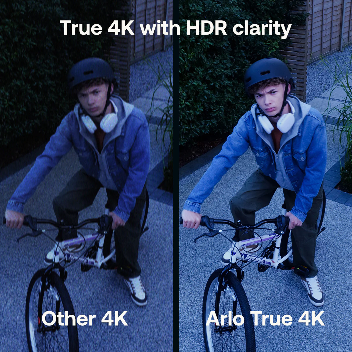 Junge auf Fahrrad mit Helm und Kopfhörern, Vergleich von zwei 4K-Bildern.