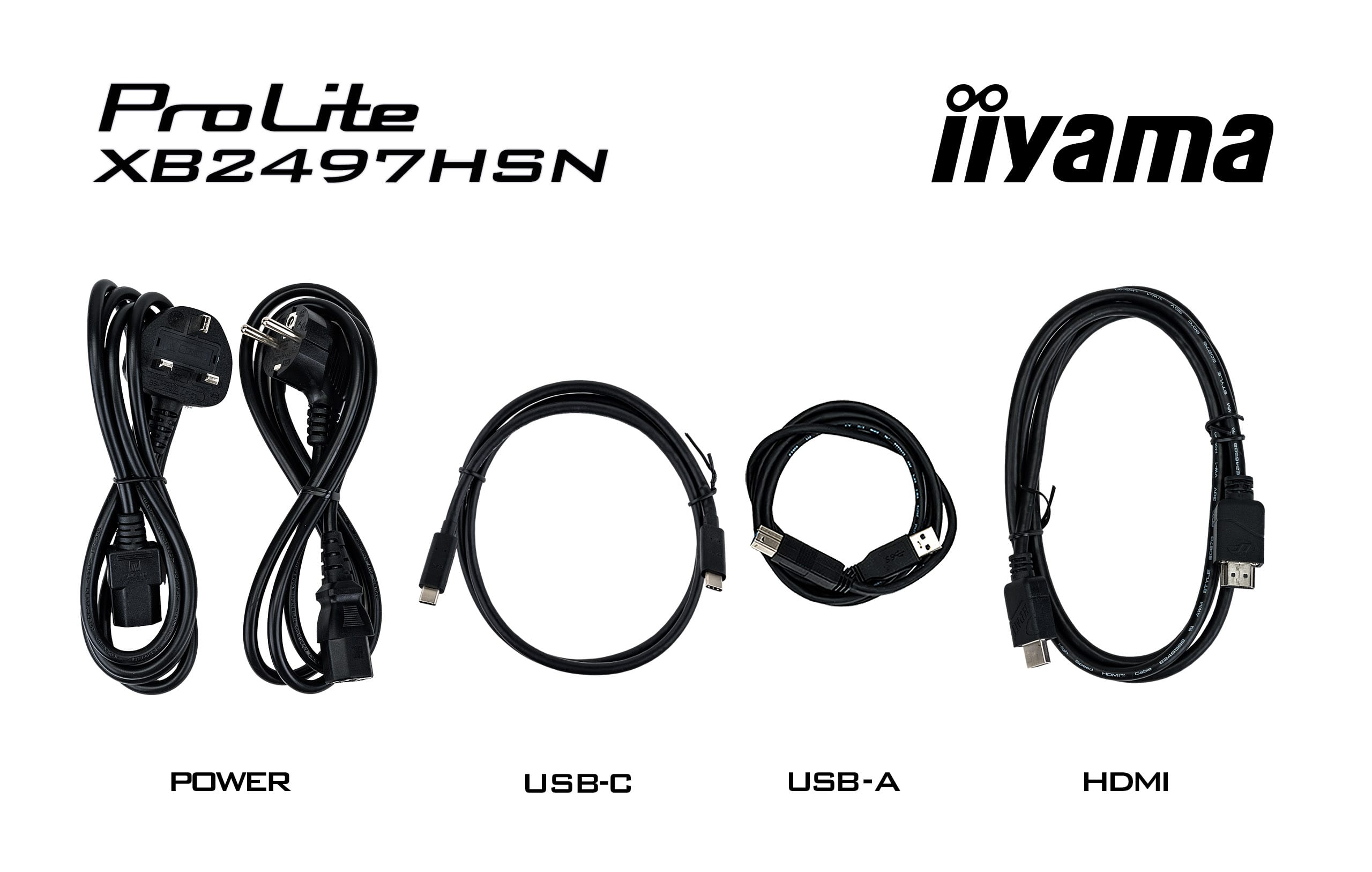 Schwarze Netzkabel, USB-C, USB-A und HDMI-Kabel auf weißem Hintergrund.
