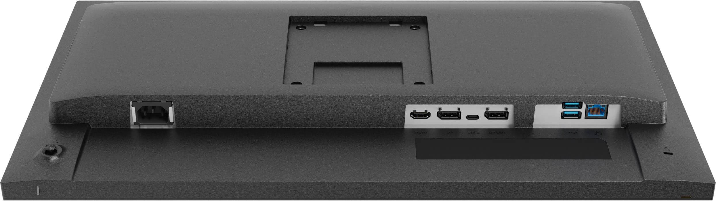 Rückseite eines schwarzen Monitors mit Anschlüssen: Strom, HDMI, DP, USB-C, USB-A und Ethernet.